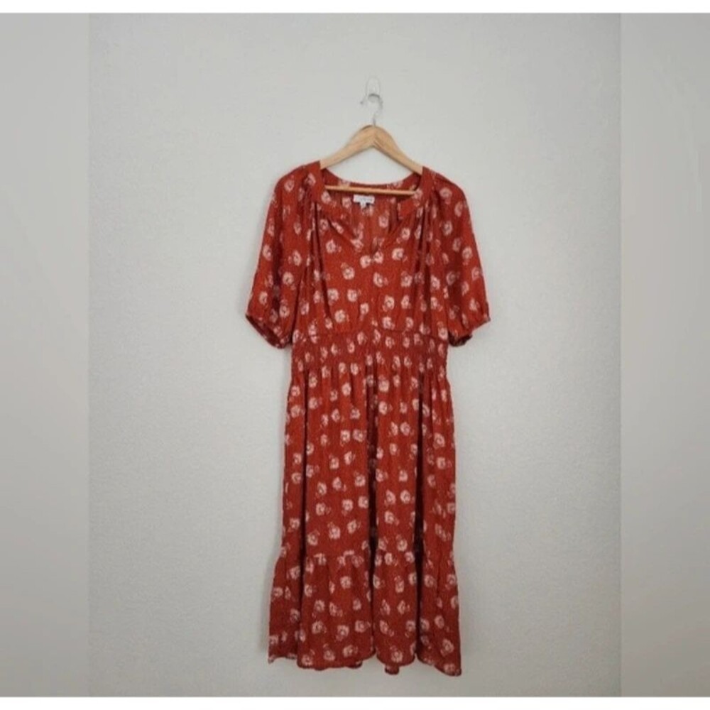 Luxology Smocked Burnt Orange Tiered Midi Dress XL